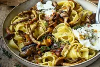 Rich and flavorful Balsamic Wild Mushroom Pasta topped with creamy burrata, featuring a savory Creamy Balsamic Pasta Sauce and inspired by classic Mushroom Italian Recipes.