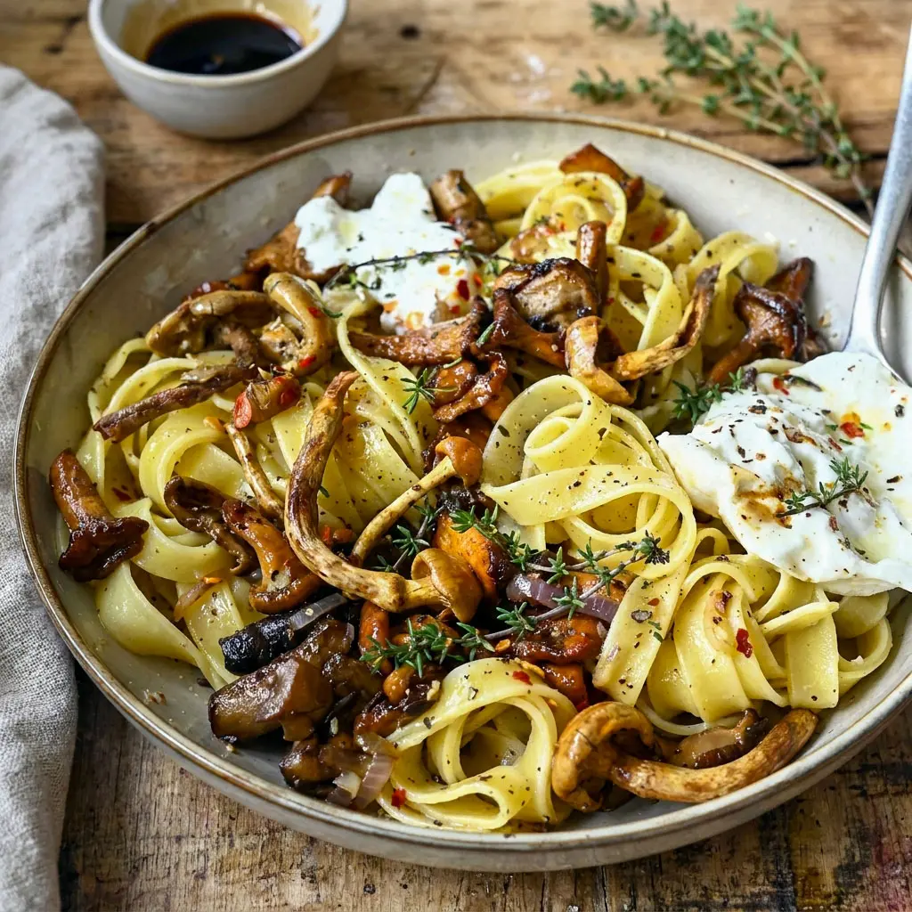 Rich and flavorful Balsamic Wild Mushroom Pasta topped with creamy burrata, featuring a savory Creamy Balsamic Pasta Sauce and inspired by classic Mushroom Italian Recipes.