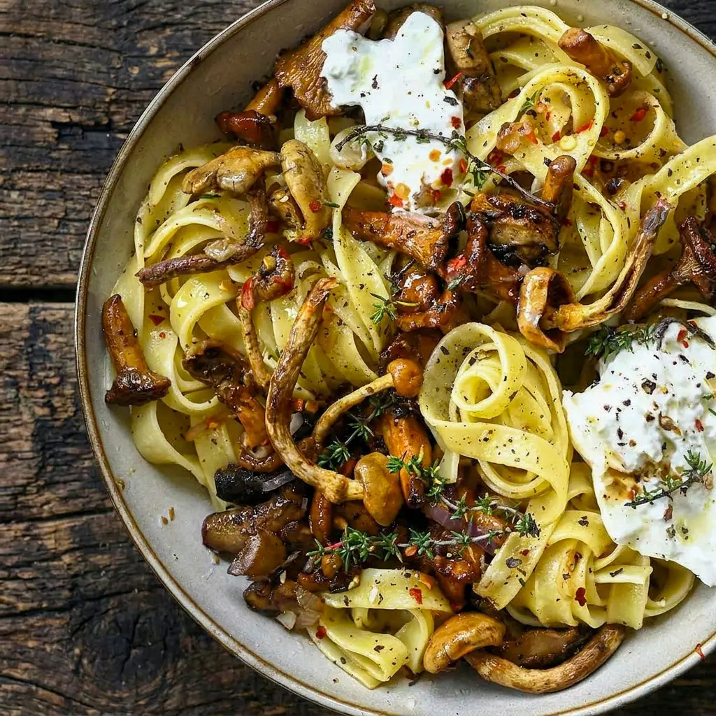 Rich and flavorful Balsamic Wild Mushroom Pasta topped with creamy burrata, featuring a savory Creamy Balsamic Pasta Sauce and inspired by classic Mushroom Italian Recipes.