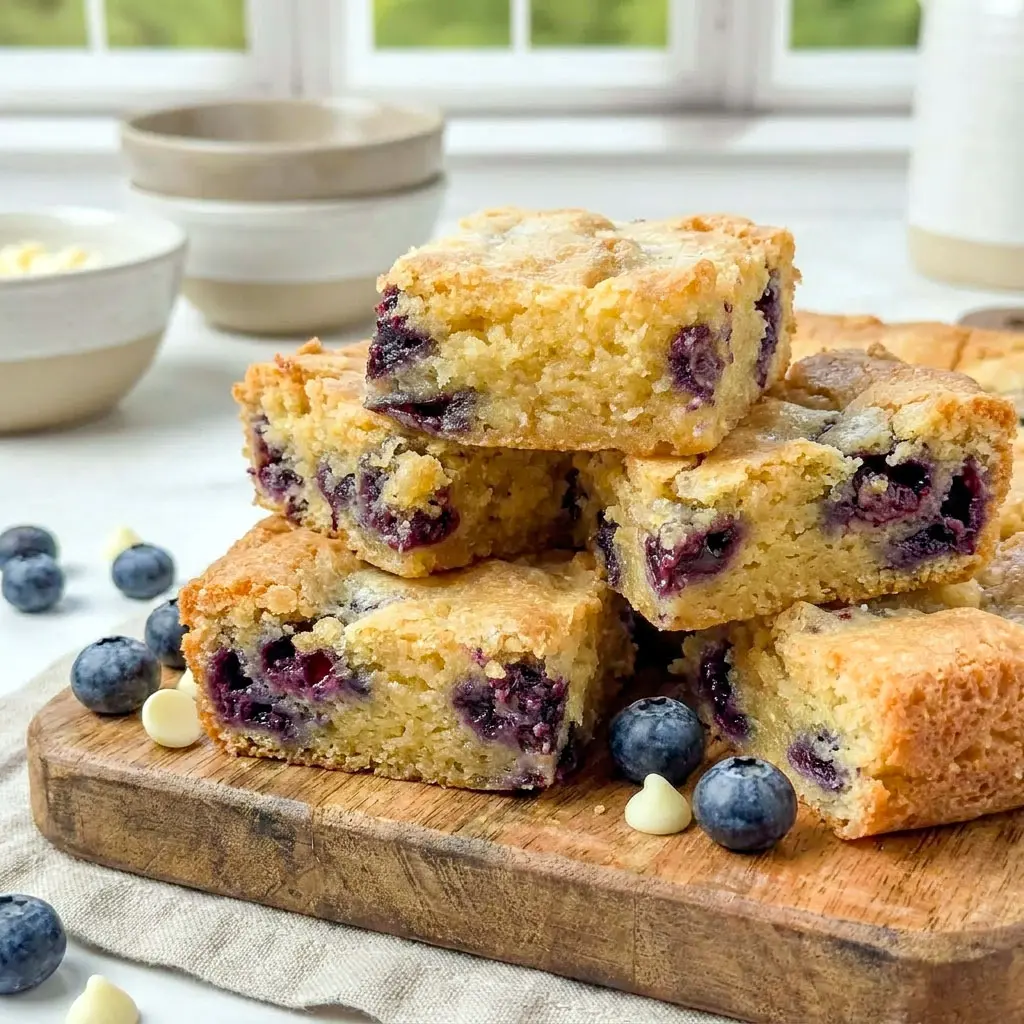 Freshly baked Blueberry Blondies filled with juicy blueberries and white chocolate, a delicious Dessert Bar Recipe perfect for summer gatherings and sweet cravings.