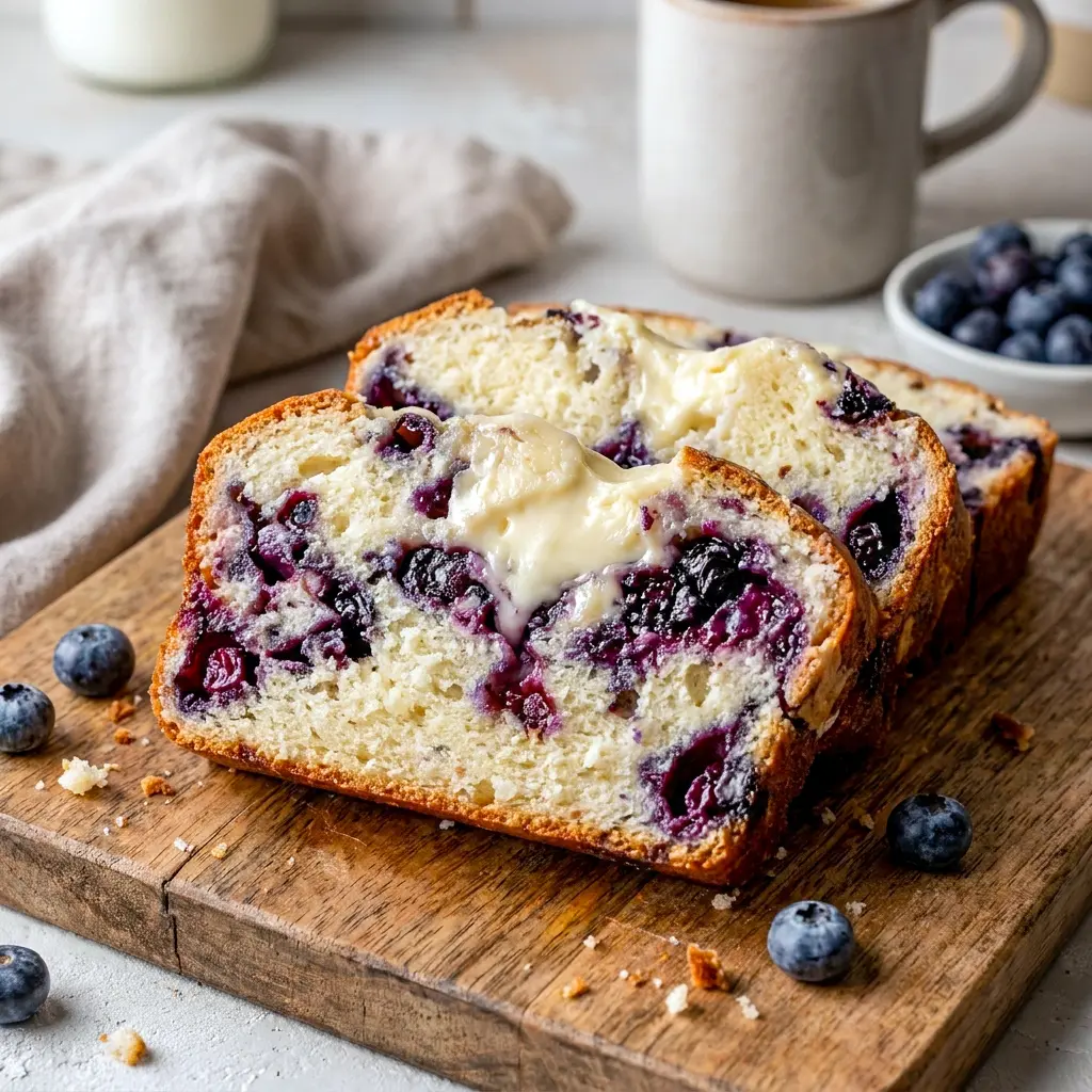 A warm slice of Blueberry Cream Cheese Bread takes center stage here, making Baking Recipes With Blueberries feel like the sweetest way to start the day.
