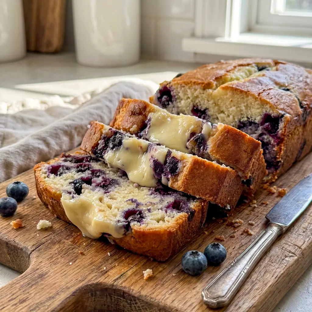 Blueberry Cream Cheese Bread is pictured with a creamy swirl and juicy berry bursts, showing off the charm of Cream Cheese Baked Goods in every slice.