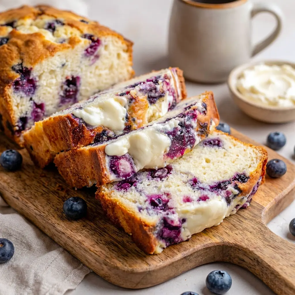 This close-up of Blueberry Cream Cheese Bread is perfect for Baking For Breakfast, with a golden top and moist texture that feels homemade and comforting.