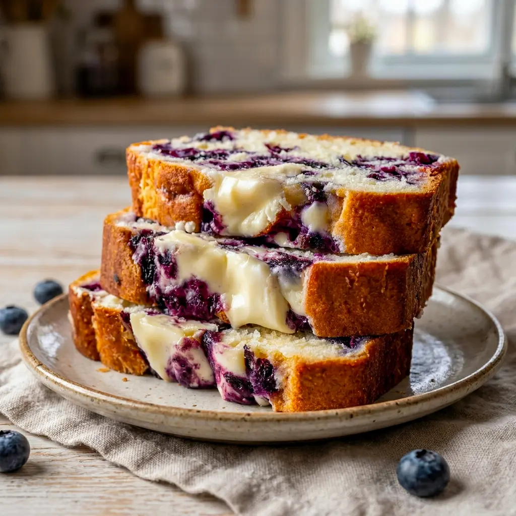 Blueberry Cream Cheese Bread looks so soft and inviting in this cozy loaf shot, with a tender crumb that highlights Baking Cream Cheese for a rich bakery-style finish.