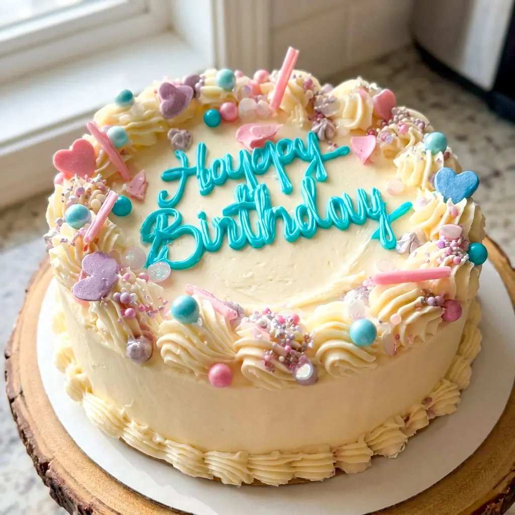 Freshly decorated Costco Vanilla Cake with smooth Costco Icing Recipe, fluffy layers, and bakery-style frosting, perfect as a Cake Recipe Birthday centerpiece and one of the best Top Rated Cakes for celebrations.