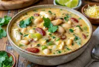 A hearty bowl of Cozy Cajun White Chicken Chili topped with fresh herbs and served warm, perfect for Game Night Dinners and fans of Best Chili Recipes.