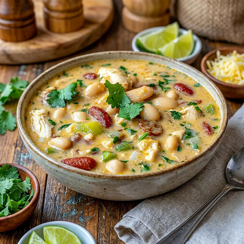 A hearty bowl of Cozy Cajun White Chicken Chili topped with fresh herbs and served warm, perfect for Game Night Dinners and fans of Best Chili Recipes.