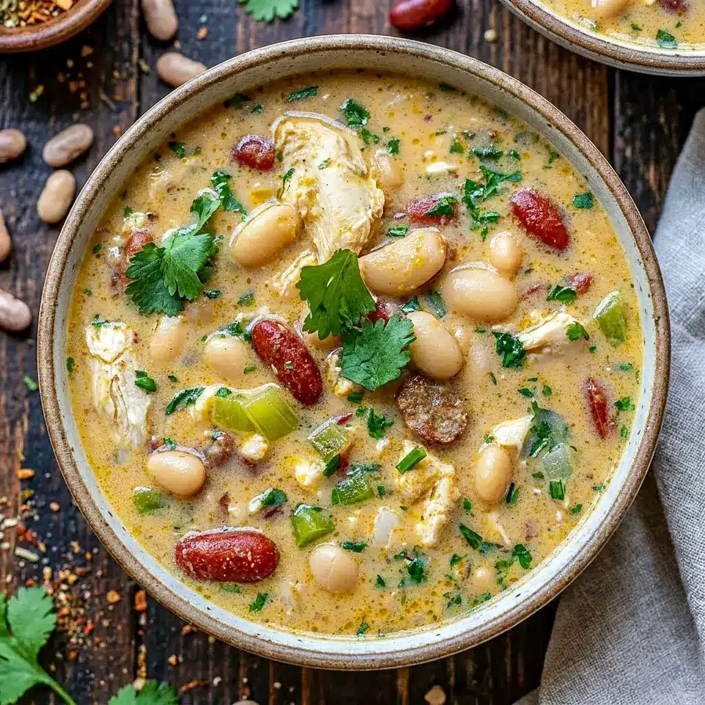 A hearty bowl of Cozy Cajun White Chicken Chili topped with fresh herbs and served warm, perfect for Game Night Dinners and fans of Best Chili Recipes.