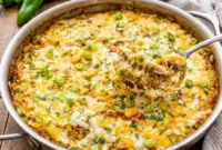 Green Chile Chicken and Rice Casserole – Easy Southwest Comfort Food Dinner1 Freshly baked Green Chile Chicken and Rice Casserole topped with melted cheese and herbs, a comforting Green Chili Chicken Casserole With Rice perfect for easy family dinners.