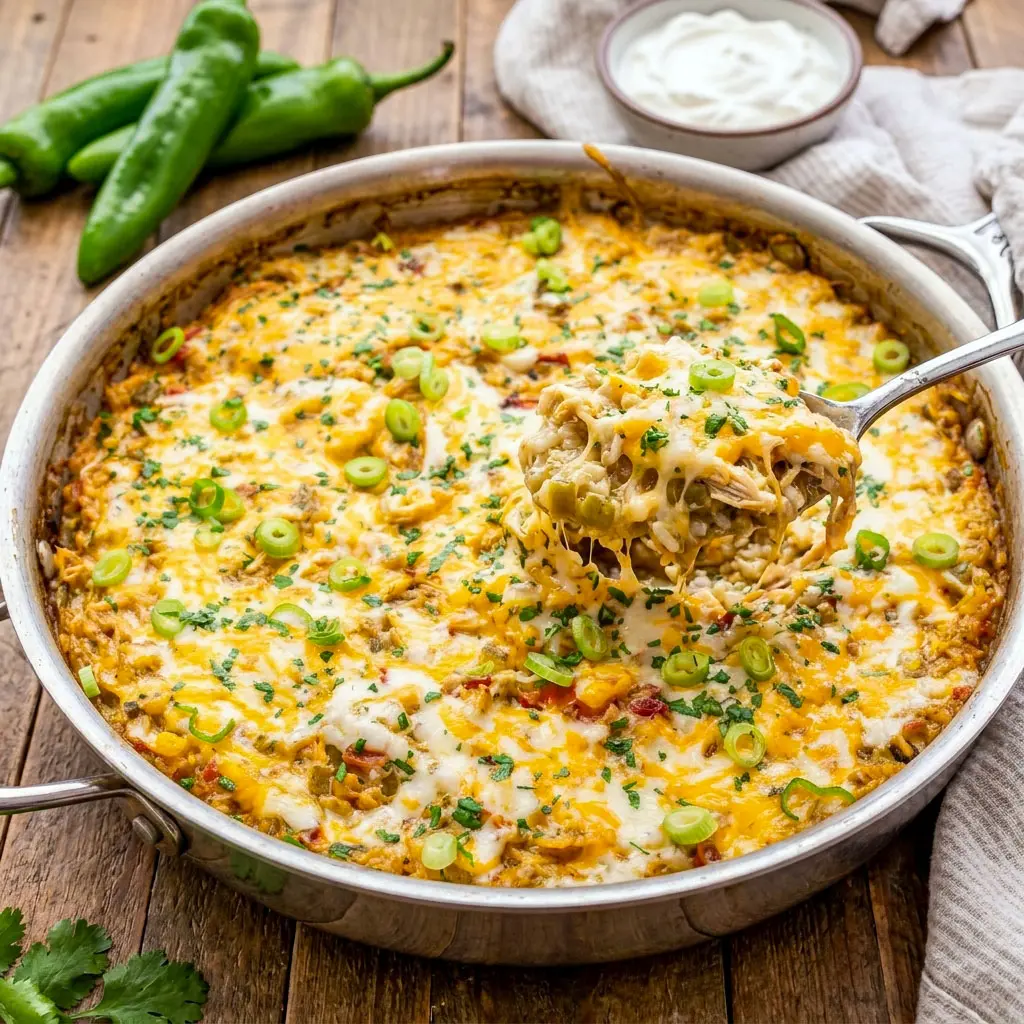 Freshly baked Green Chile Chicken and Rice Casserole topped with melted cheese and herbs, a comforting Green Chili Chicken Casserole With Rice perfect for easy family dinners.
