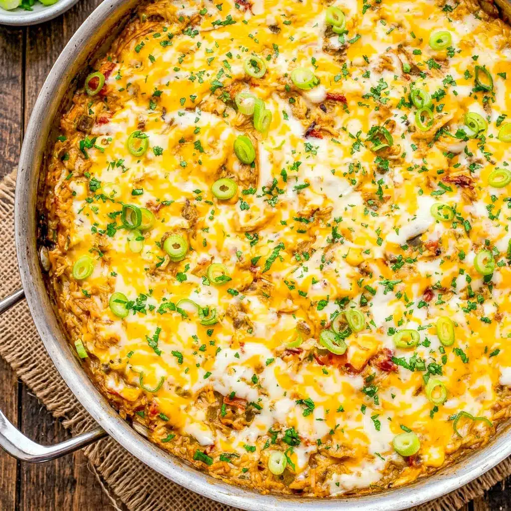Freshly baked Green Chile Chicken and Rice Casserole topped with melted cheese and herbs, a comforting Green Chili Chicken Casserole With Rice perfect for easy family dinners.