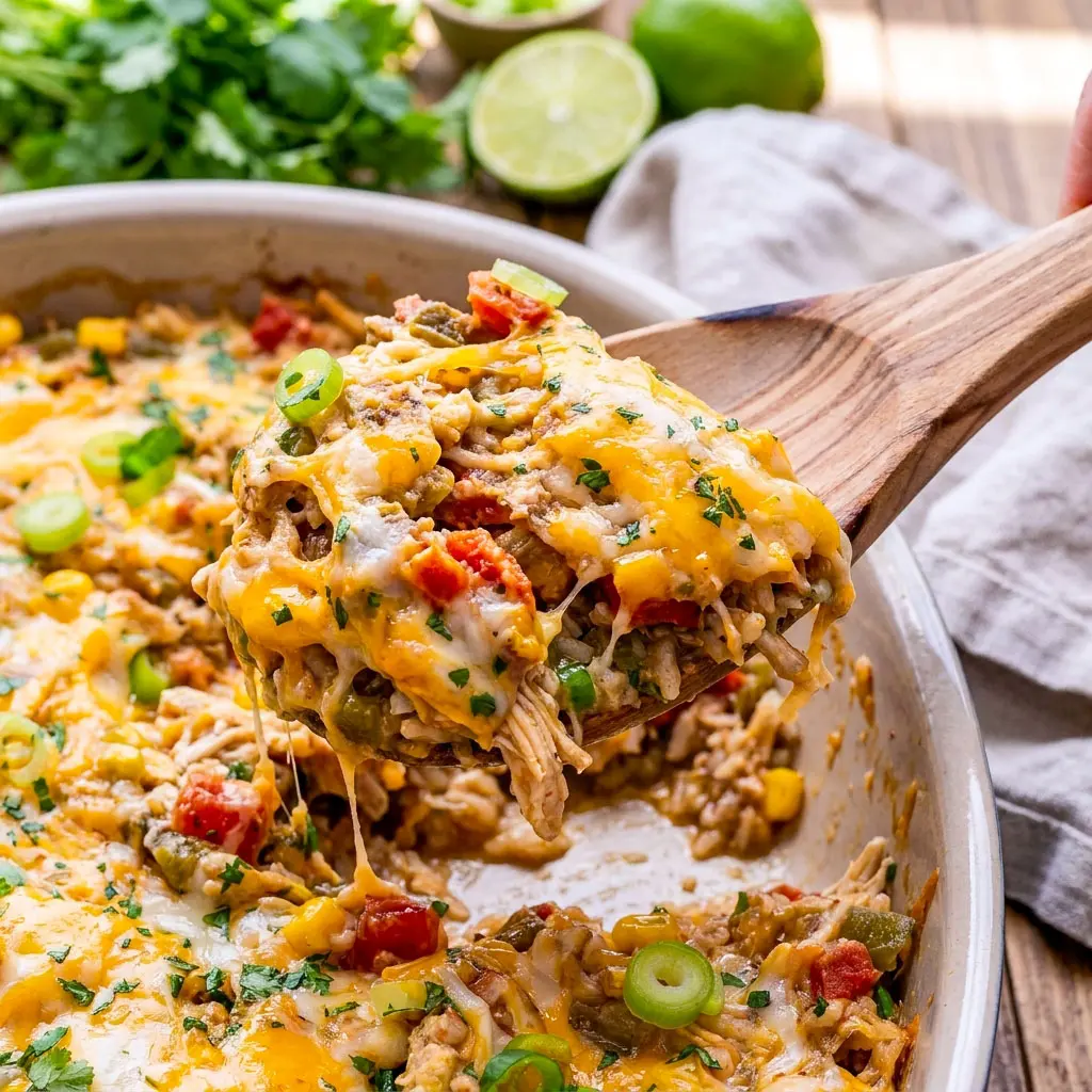 Freshly baked Green Chile Chicken and Rice Casserole topped with melted cheese and herbs, a comforting Green Chili Chicken Casserole With Rice perfect for easy family dinners.