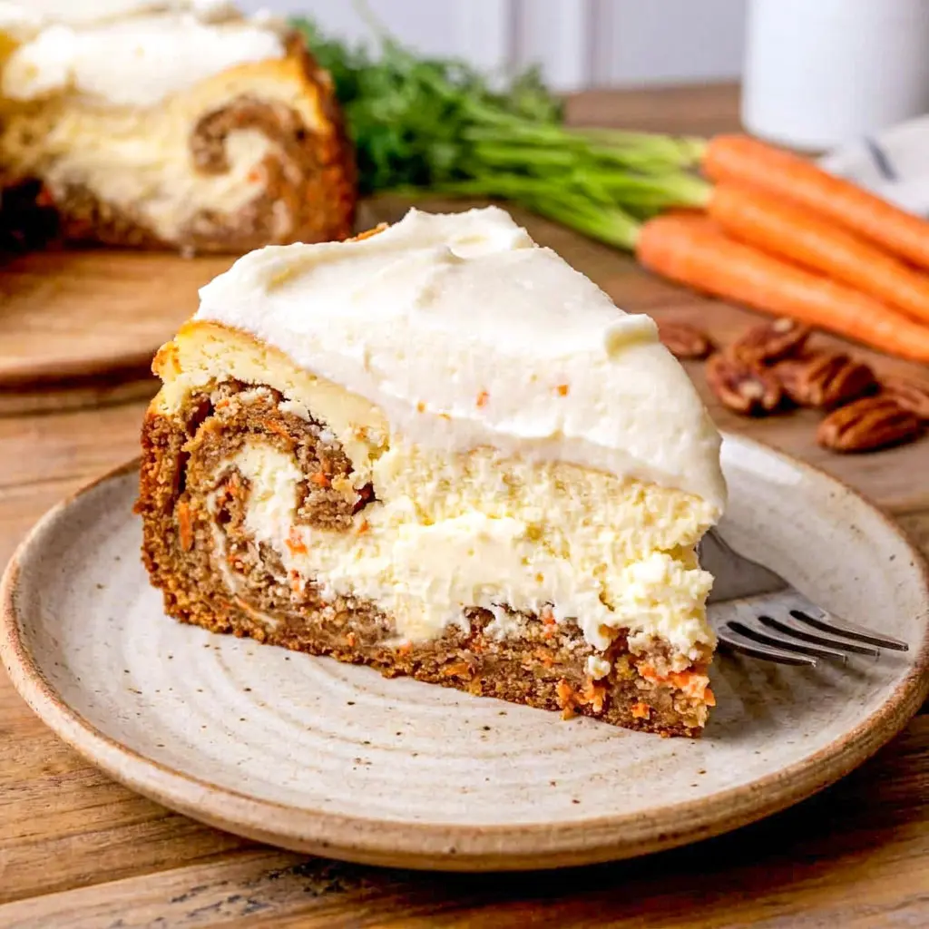 Beautiful slice of Carrot Cake Cheesecake with creamy layers and rich frosting, featuring a stunning Carrot Cake Cheesecake Swirl and Carrot Cake Cheesecake With Cream Cheese Frosting.