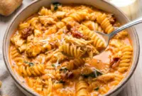 A warm bowl of Marry Me Chicken Soup with rotini pasta, shredded chicken, and creamy broth, perfect for an Easy Pasta Dinner and fans of Chicken Soup Recipes Homemade.