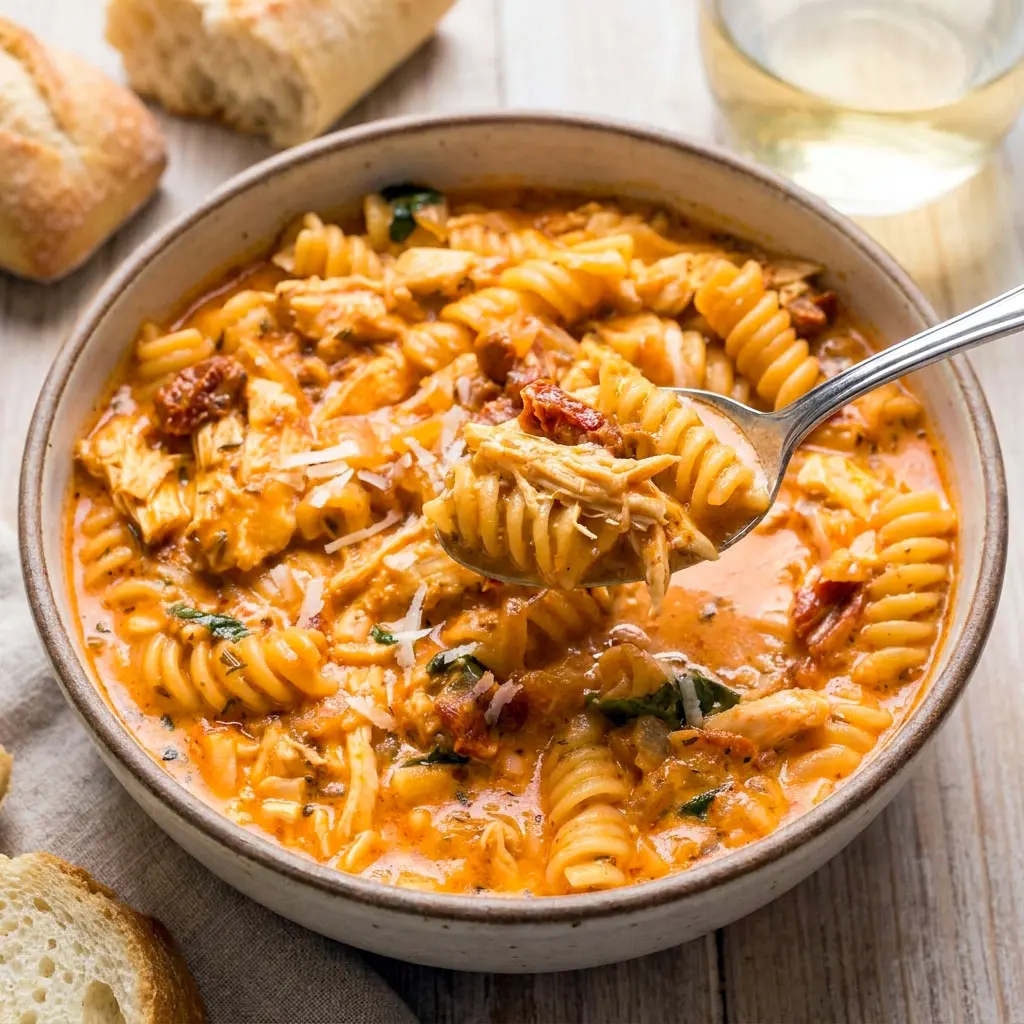 A warm bowl of Marry Me Chicken Soup with rotini pasta, shredded chicken, and creamy broth, perfect for an Easy Pasta Dinner and fans of Chicken Soup Recipes Homemade.
