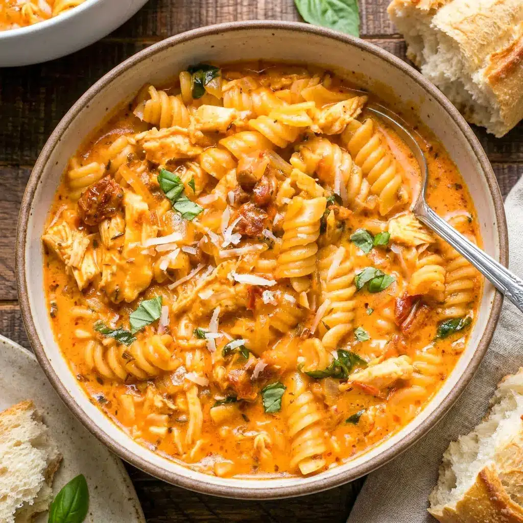 A warm bowl of Marry Me Chicken Soup with rotini pasta, shredded chicken, and creamy broth, perfect for an Easy Pasta Dinner and fans of Chicken Soup Recipes Homemade.