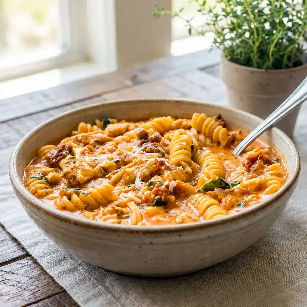 A warm bowl of Marry Me Chicken Soup with rotini pasta, shredded chicken, and creamy broth, perfect for an Easy Pasta Dinner and fans of Chicken Soup Recipes Homemade.