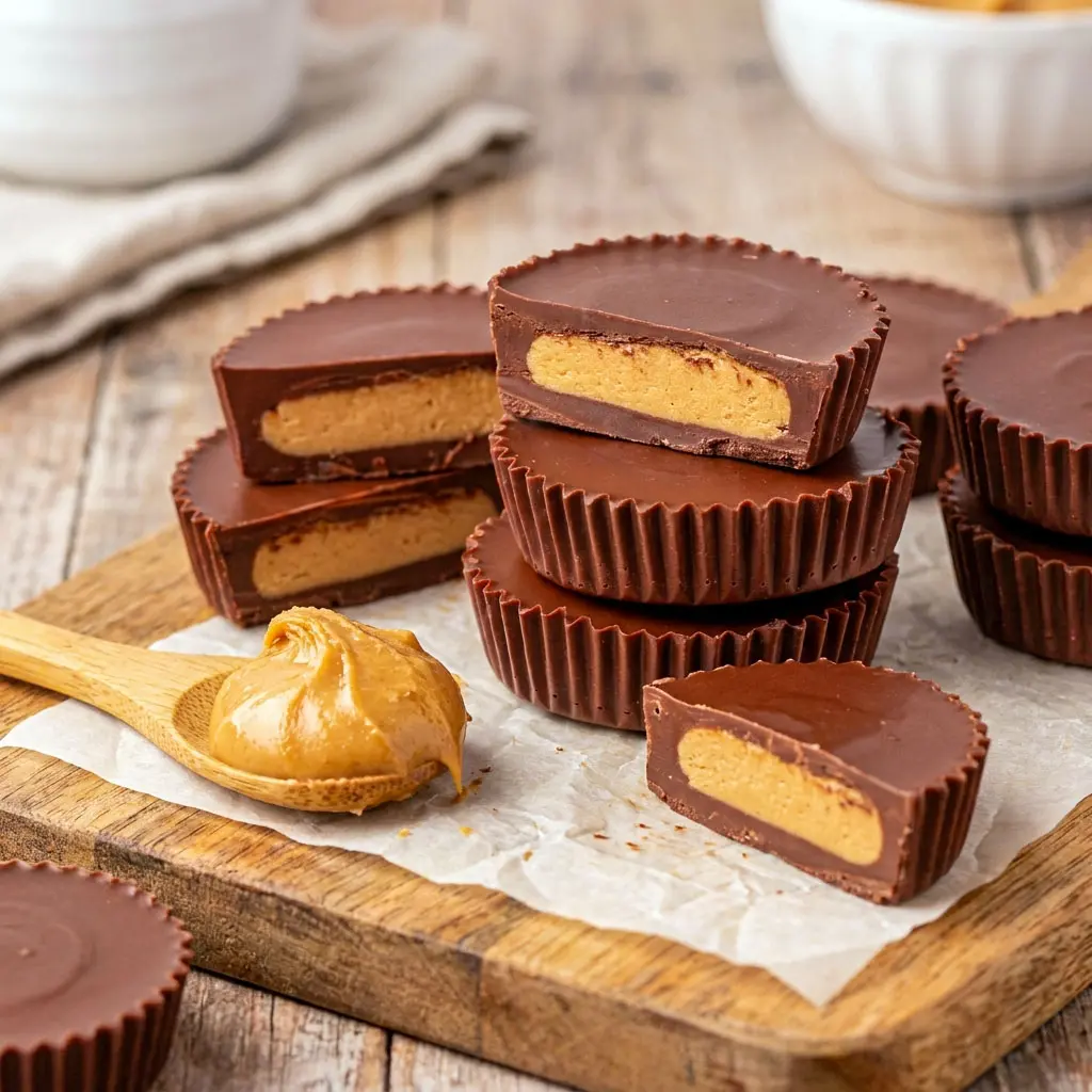 Rich chocolate Protein Reese's Cups with a creamy peanut butter filling, perfect for fans of Protein Peanut Butter Cups and Healthy Protein Peanut Butter Cups.