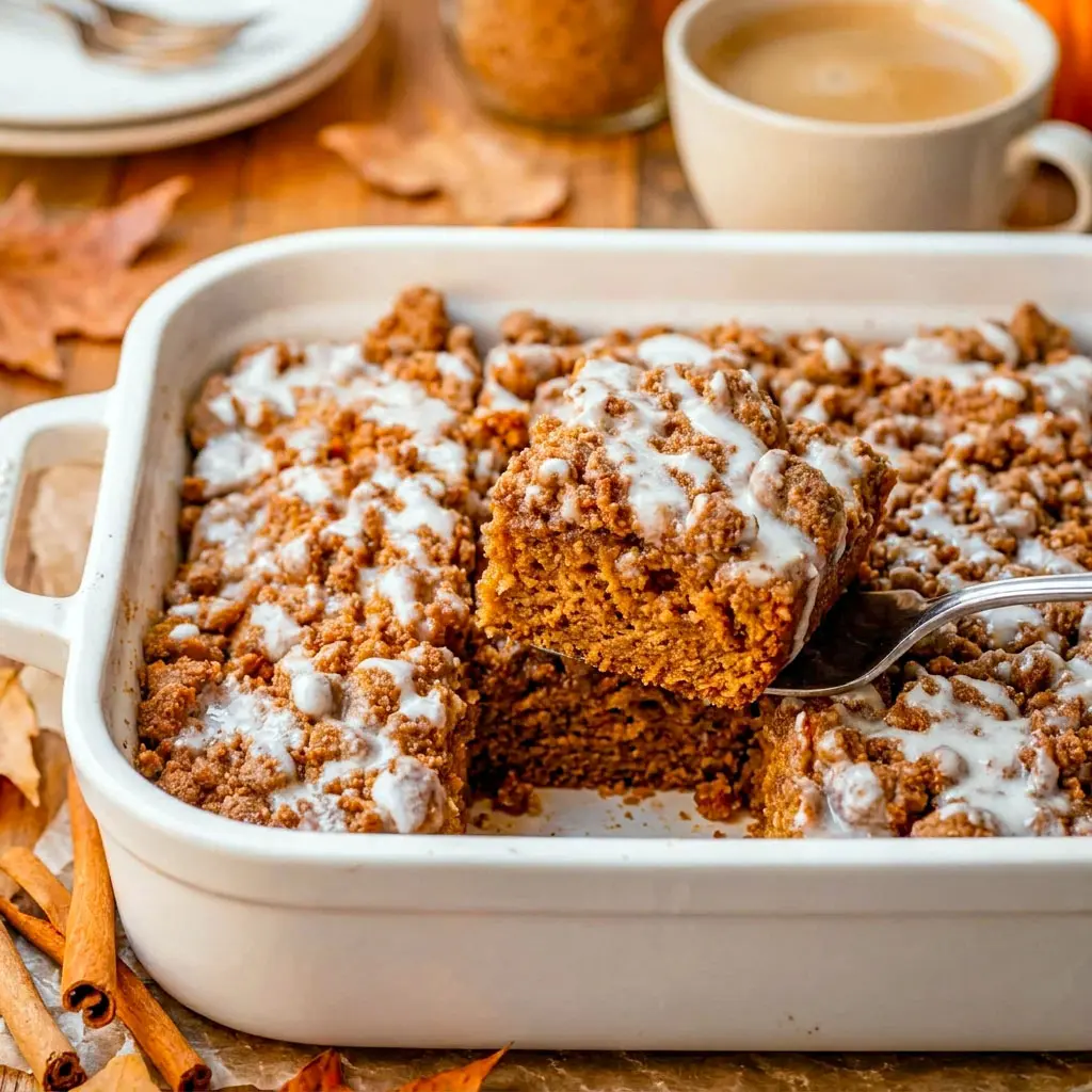 Freshly glazed Pumpkin Coffee Cake with buttery streusel layers, served as a delicious Pumpkin Coffee Cake Slice and classic Pumpkin Cake With Crumble Topping.
