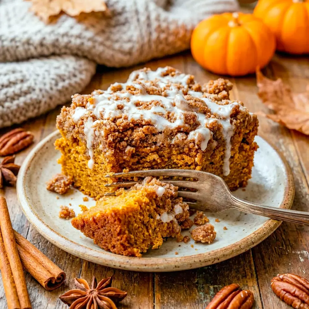 Freshly glazed Pumpkin Coffee Cake with buttery streusel layers, served as a delicious Pumpkin Coffee Cake Slice and classic Pumpkin Cake With Crumble Topping.