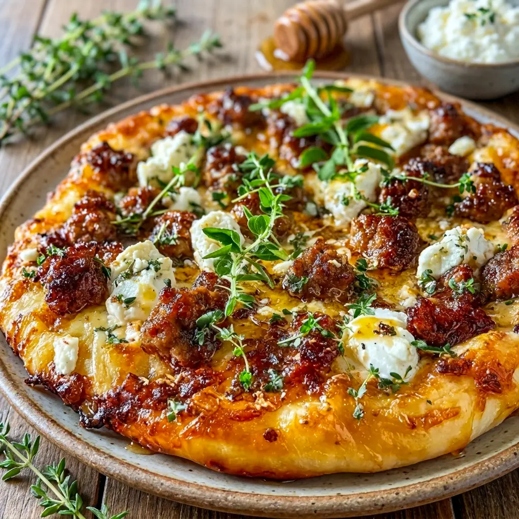 Close-up of Sausage Ricotta Honey Hot Pizza with creamy ricotta, crispy sausage, and honey drizzle, perfect for Spring Pizzas with a bold flavor twist.
