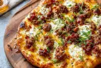 Sausage Ricotta Honey Hot Pizza on a wooden board with melted cheese and a sweet-spicy finish, one of the Best Pizza Ideas for cozy dinners and easy entertaining.
