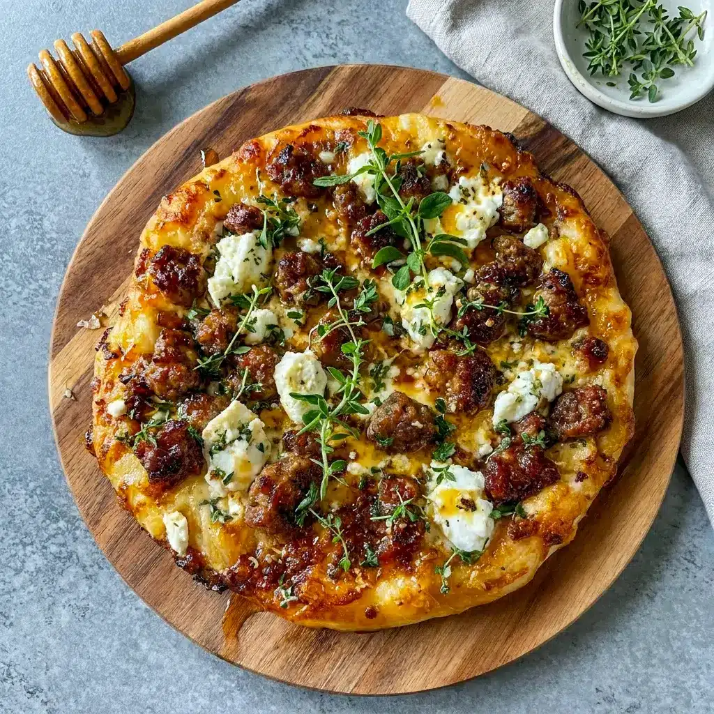 Freshly baked Sausage Ricotta Honey Hot Pizza topped with savory crumbled sausage and basil, a delicious example of Sausage Pizza Toppings done right.