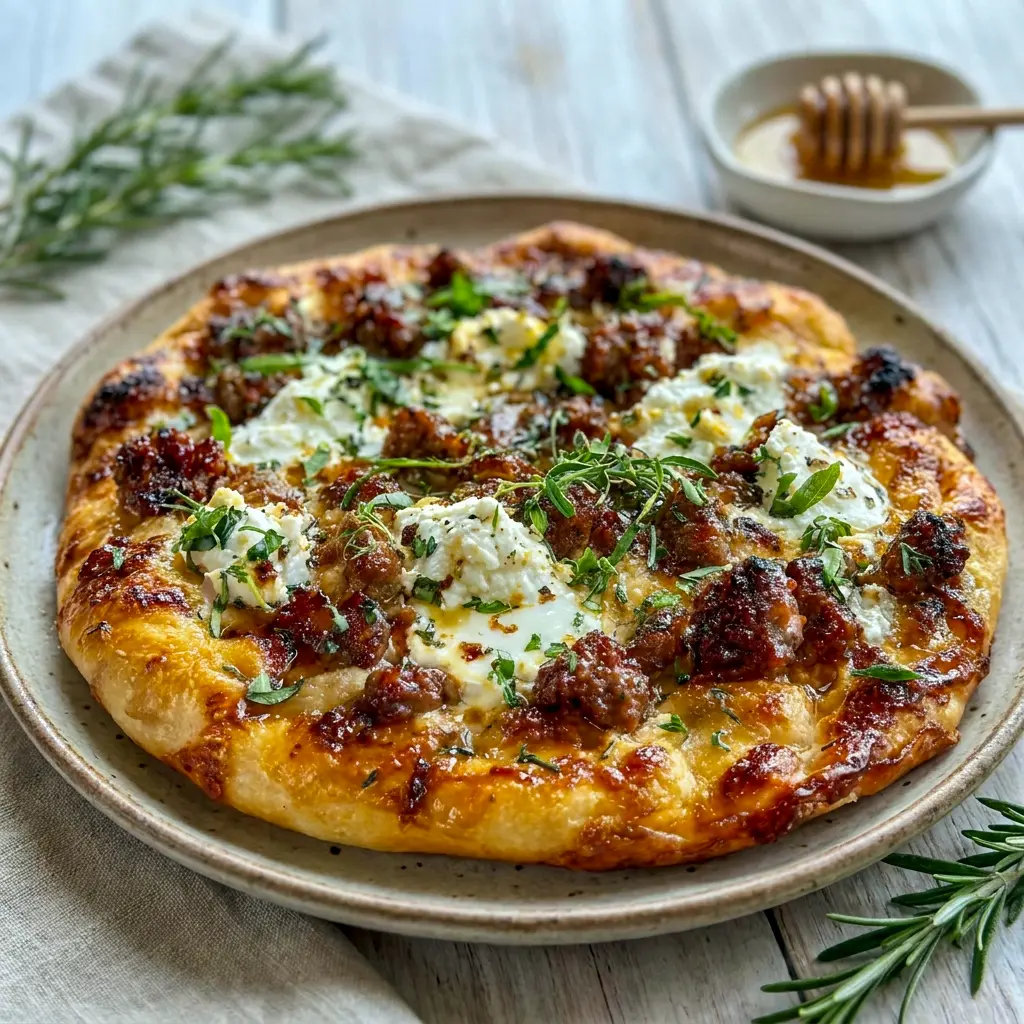 A hot slice of Sausage Ricotta Honey Hot Pizza with bubbling cheese and chili-kissed honey, ideal for lovers of Hot Sausage Pizza with sweet heat.