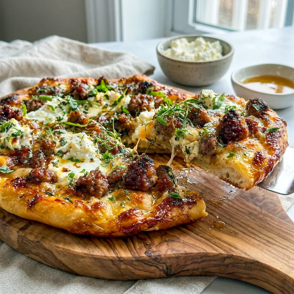 Rustic Sausage Ricotta Honey Hot Pizza served fresh from the oven, a standout choice for Handmade Pizza Recipes and Elevated Pizza Recipes fans.