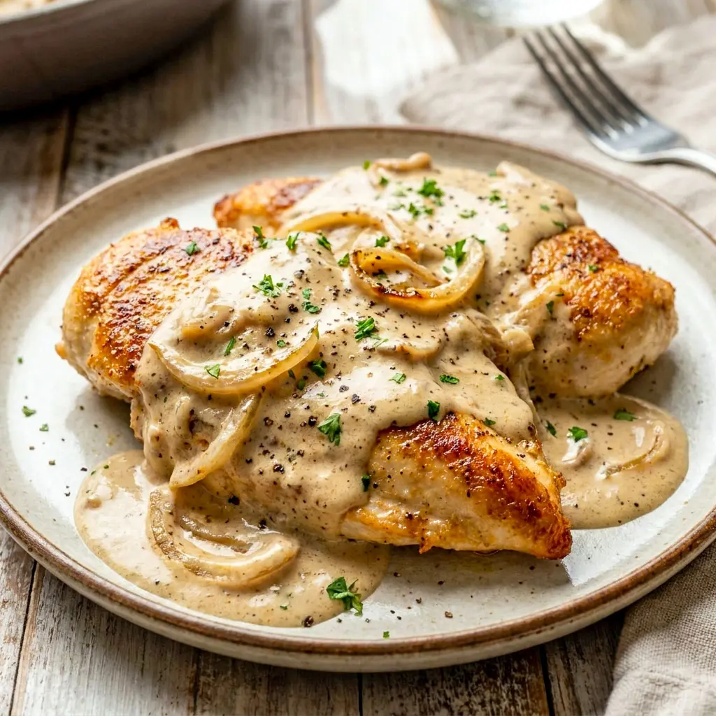 Creamy Sour Cream and Onion Chicken served in a skillet with rich onion sauce, perfect for a Low Carb Dinner and easy Chicken Main Dishes.