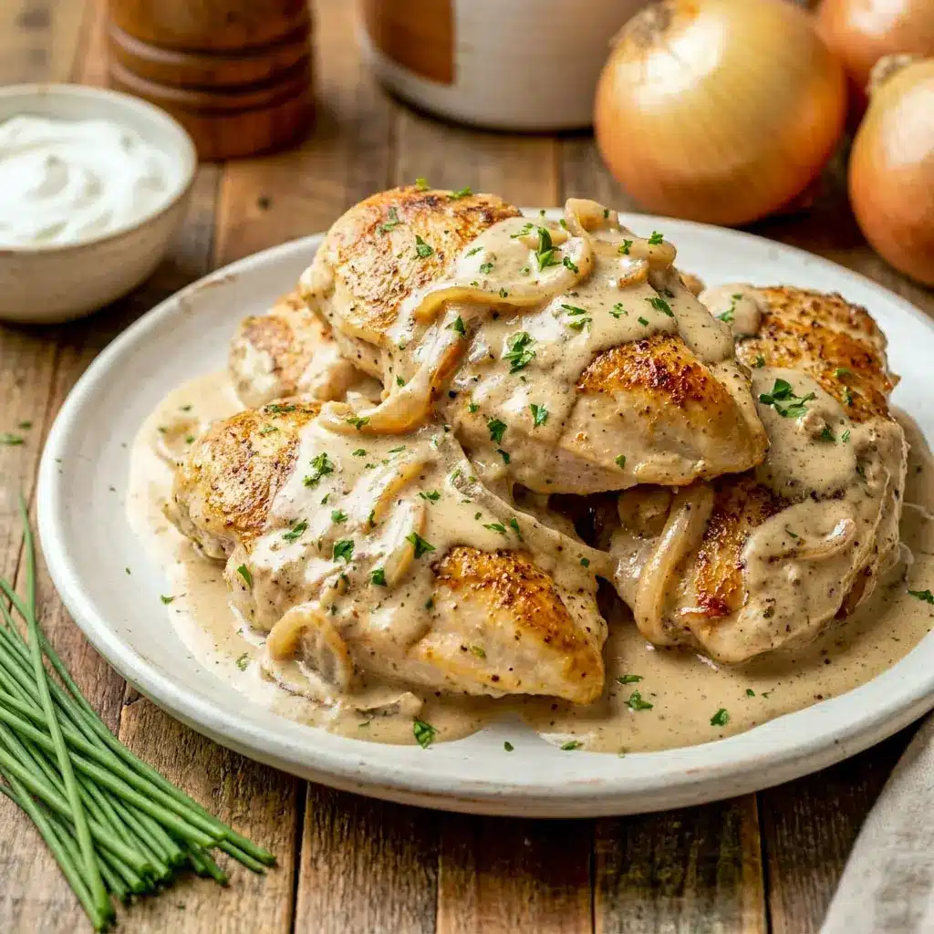 Creamy Sour Cream and Onion Chicken served in a skillet with rich onion sauce, perfect for a Low Carb Dinner and easy Chicken Main Dishes.
