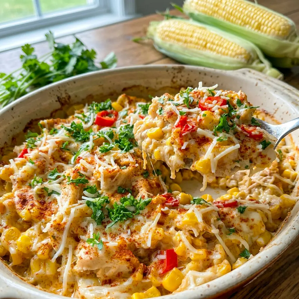 Enjoy this cheesy Street Corn Chicken Casserole, a golden baked Mexican Street Corn Casserole loaded with tender chicken, sweet corn, and melted cheese, perfect for easy Chicken Main Dishes and family dinners.