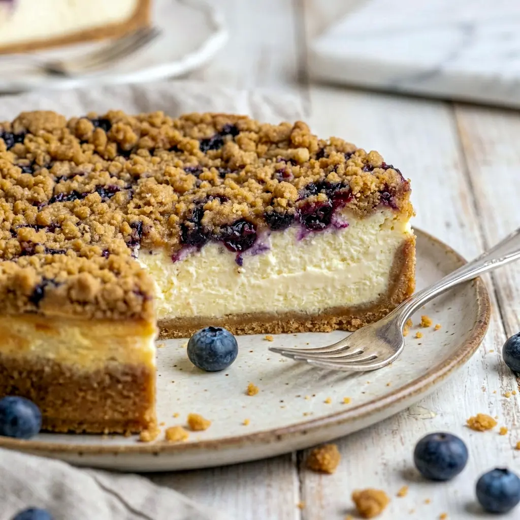 Blueberry Crumble Cheesecake makes the perfect Dessert Recipes Party centerpiece with its rich layers and show-stopping topping.