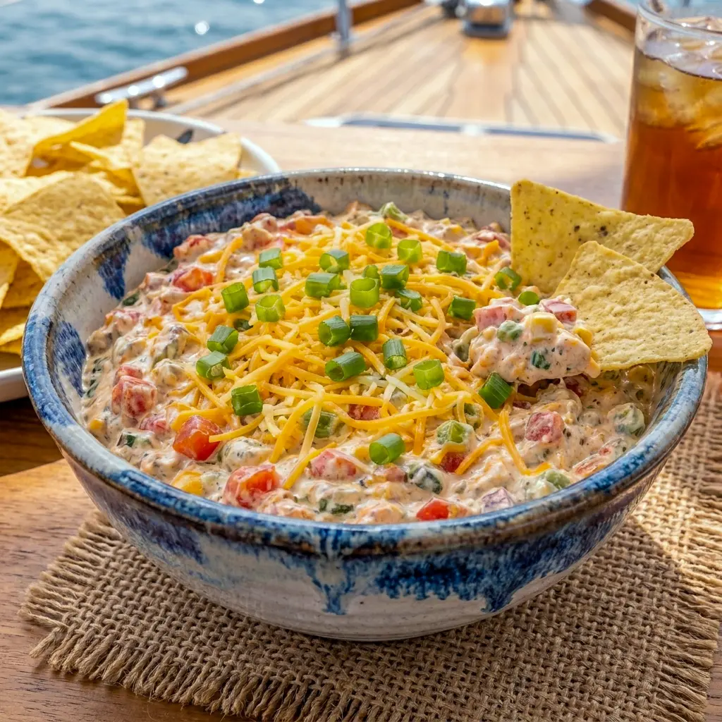 Boat Dip on a party table with fresh garnishes, making it one of the best 4th Appetizers for laid-back celebrations.