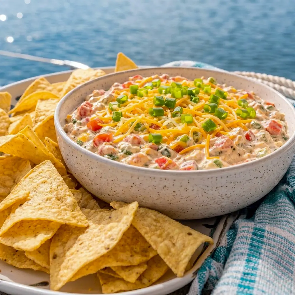 A chilled bowl of Boat Dip beside chips and veggies, perfect for Pool Side Lunch Ideas on hot days.