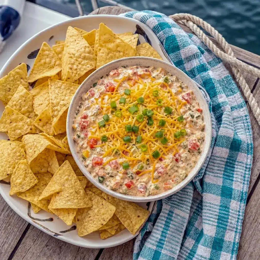 Boat Dip served in a colorful bowl with tortilla chips, a crowd-pleasing Rotel Boat Dip Recipe for easy summer snacking.