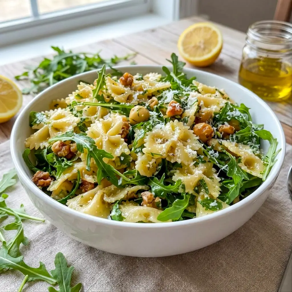 Lemon Arugula Pasta Salad served in a colorful bowl with walnuts and herbs, inspired by easy Pasta Salad Recipes for quick lunches.
