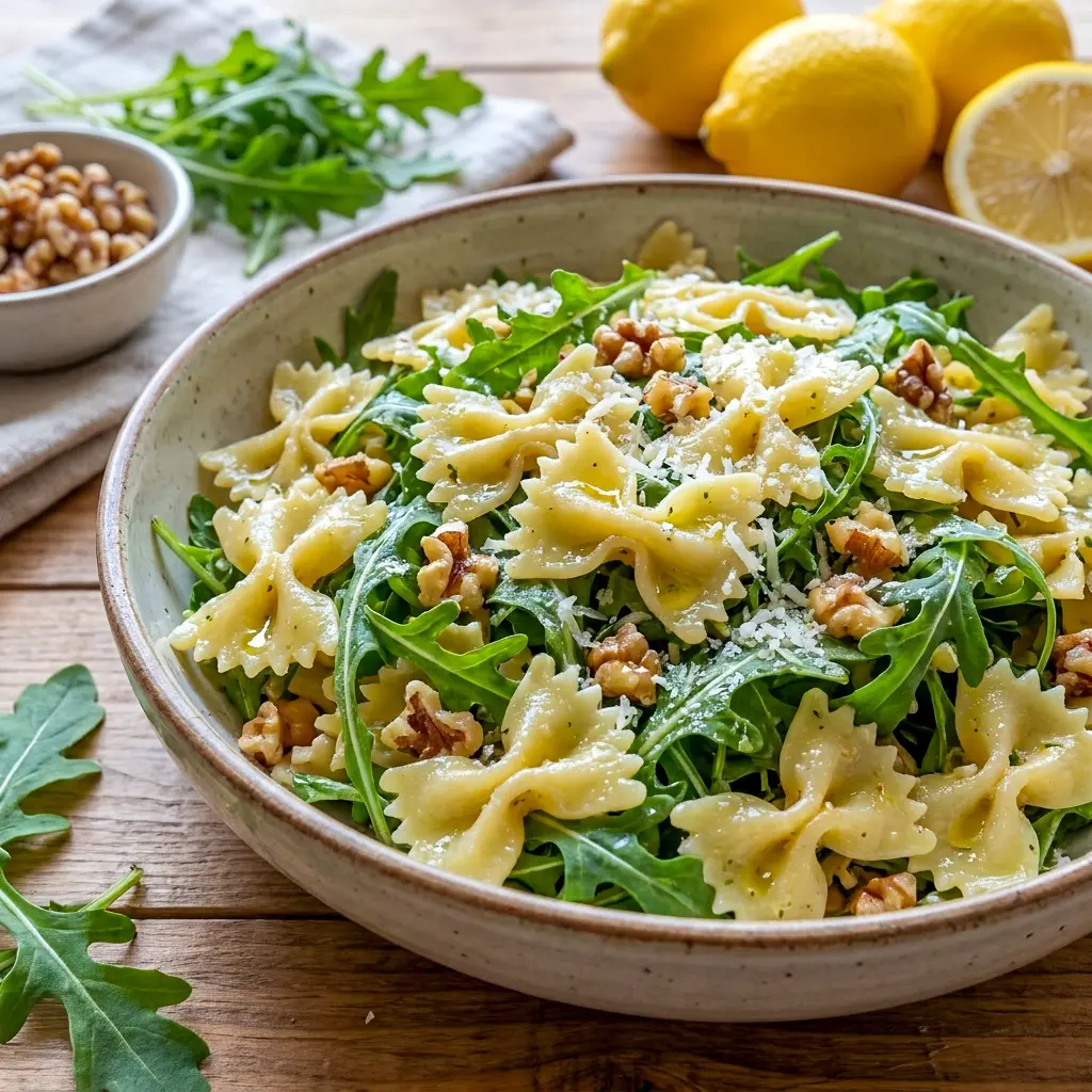 Lemon Arugula Pasta Salad topped with lemon zest, Parmesan, and peppery greens, a fresh twist on Delicious Salads for warm days.