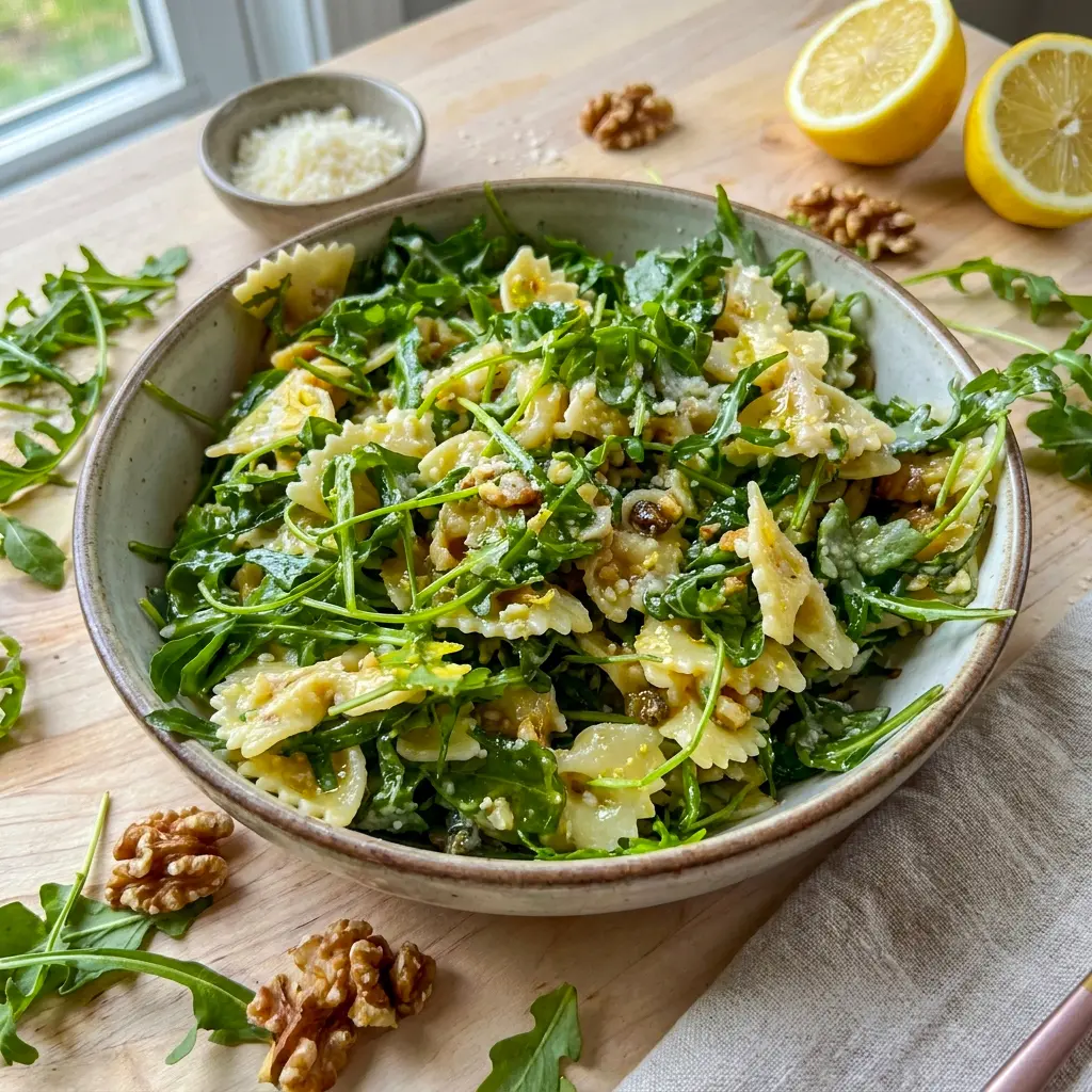 Lemon Arugula Pasta Salad styled as a bright side dish with walnuts and cheese, one of those easy Pasta Dishes that feels restaurant-worthy — Bon Appétit.