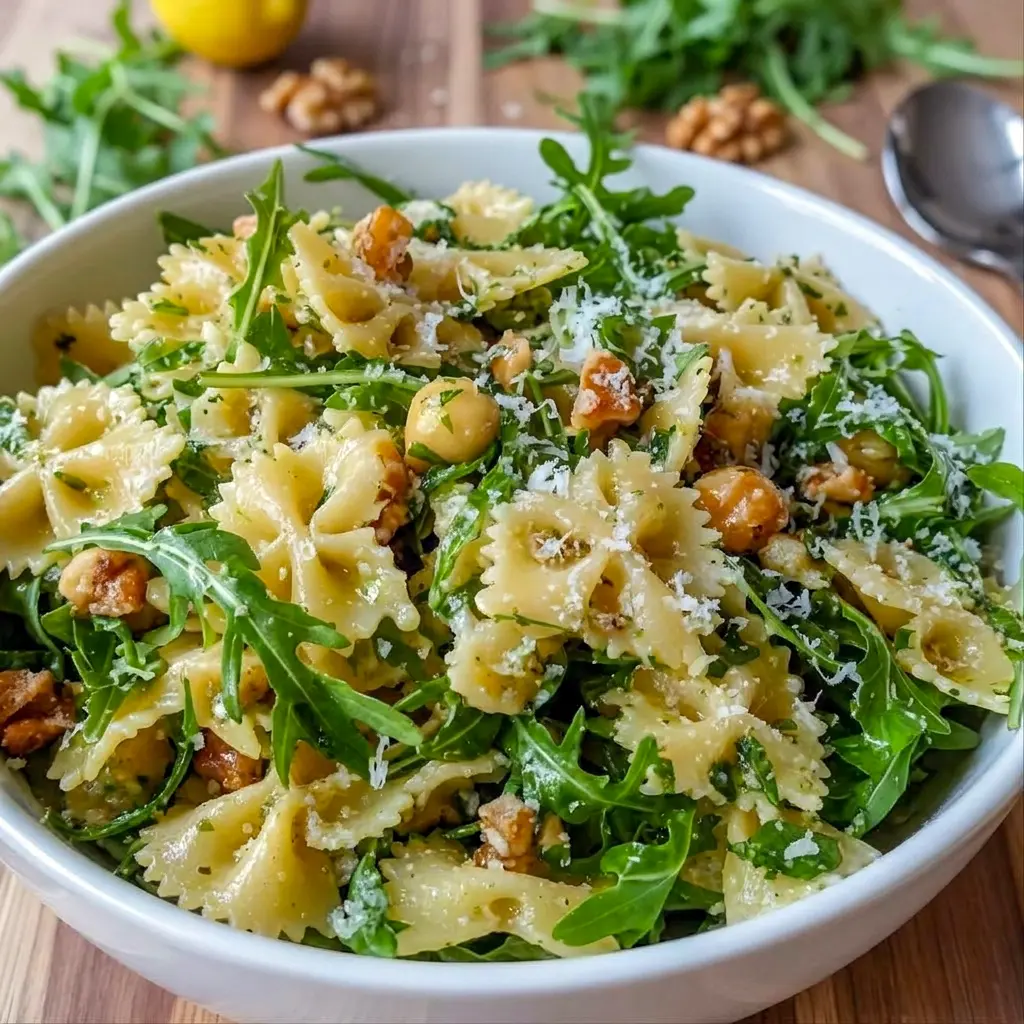 Lemon Arugula Pasta Salad with bright citrus dressing, fresh greens, and a fresh Arugula Pasta finish for a light summer meal.