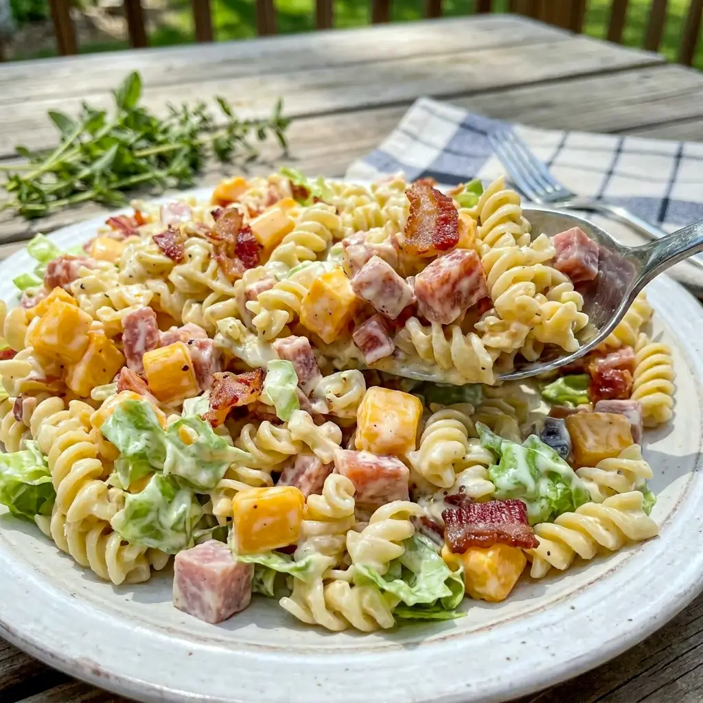 Club Sandwich Pasta Salad prepared as a crowd-pleasing Cold Pasta Salad For Bbq with ranch dressing and crisp bacon.
