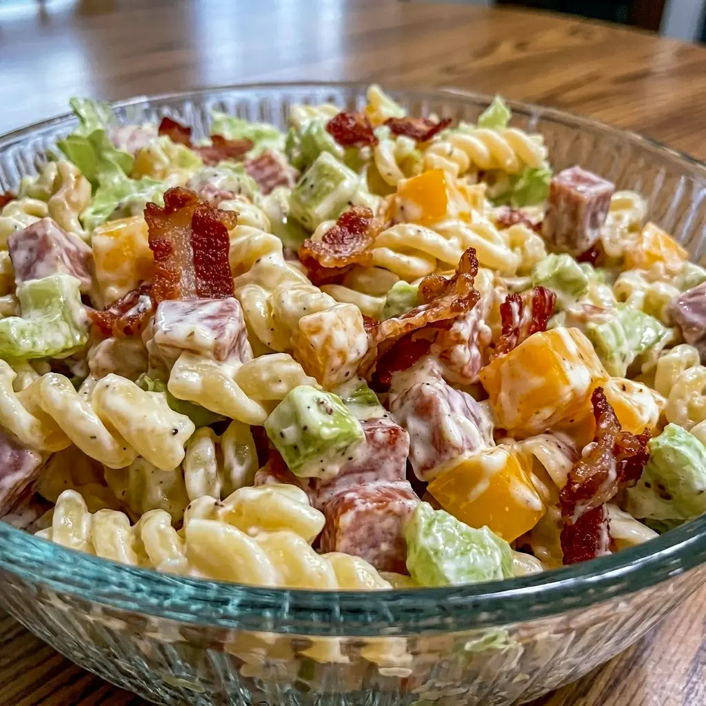 Club Sandwich Pasta Salad styled as a refreshing Poolside Pasta Salad with deli meat, cheddar, tomatoes, and crunchy lettuce.