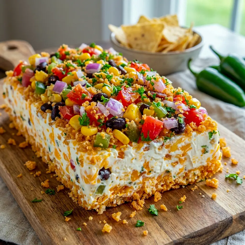 A close-up of Cowboy Caviar Jalapeno Popper Cheese Log with a bold Tex-Mex look, inspired by Cowboy Caviar Cream Cheese Roll Ups and ready for sharing.
