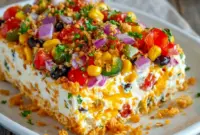 Cowboy Caviar Jalapeno Popper Cheese Log Easy Potluck Appetizers Party Snacks Cowboy Caviar Jalapeno Popper Cheese Log served as a colorful Appetizer To Bring To A Party, topped with fresh cilantro and crunchy tortilla chips.