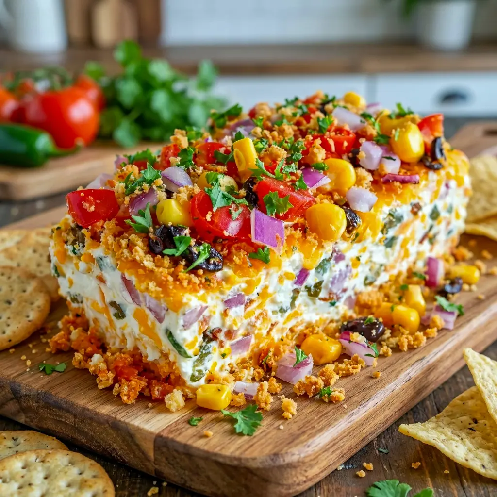 Cowboy Caviar Jalapeno Popper Cheese Log on a party platter, showing off its crunchy coating and classic Cowboy Caviar Cheese Log flavor for guests.