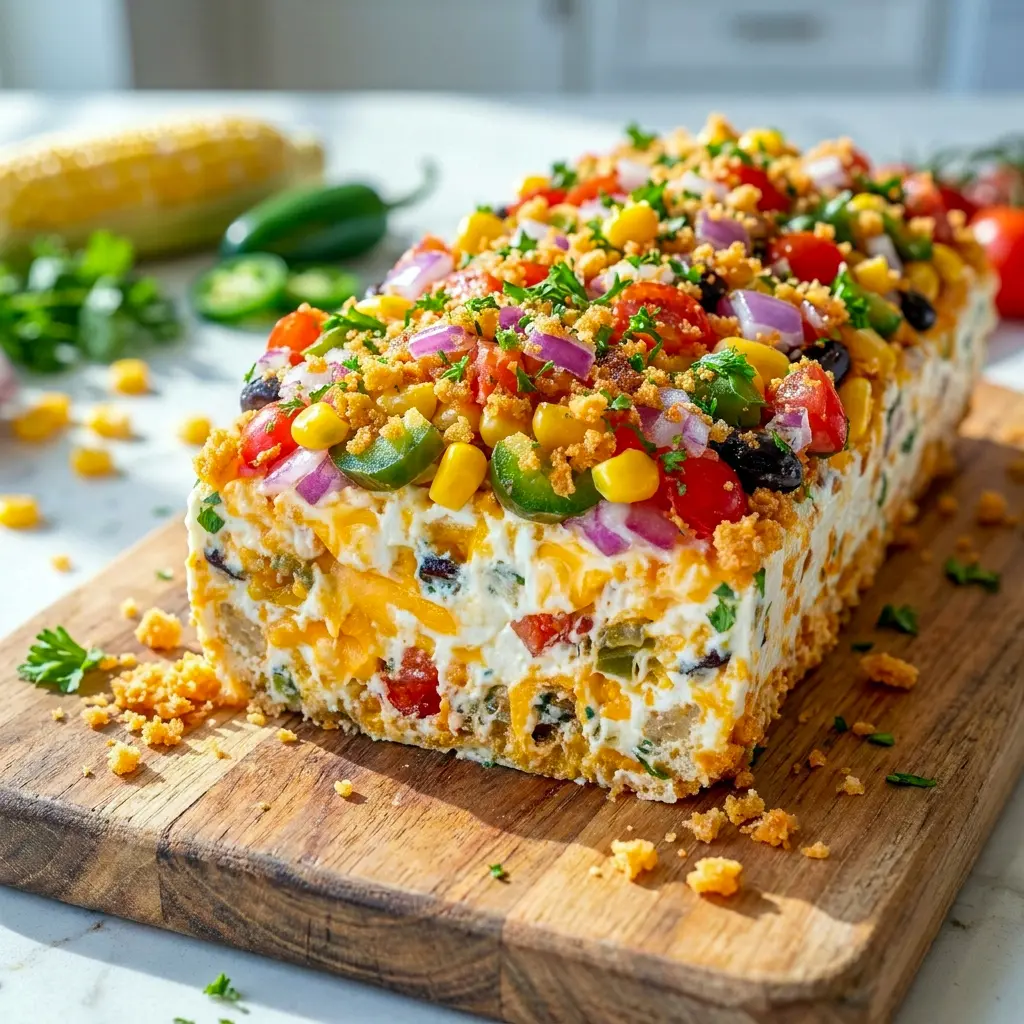 A festive Cowboy Caviar Jalapeno Popper Cheese Log sliced for serving, making it one of the best Easy Potluck Appetizers Party Snacks.