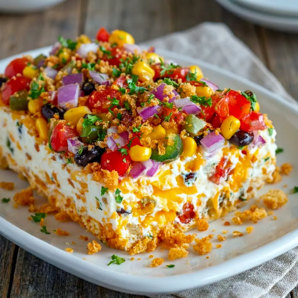 Cowboy Caviar Jalapeno Popper Cheese Log served as a colorful Appetizer To Bring To A Party, topped with fresh cilantro and crunchy tortilla chips.