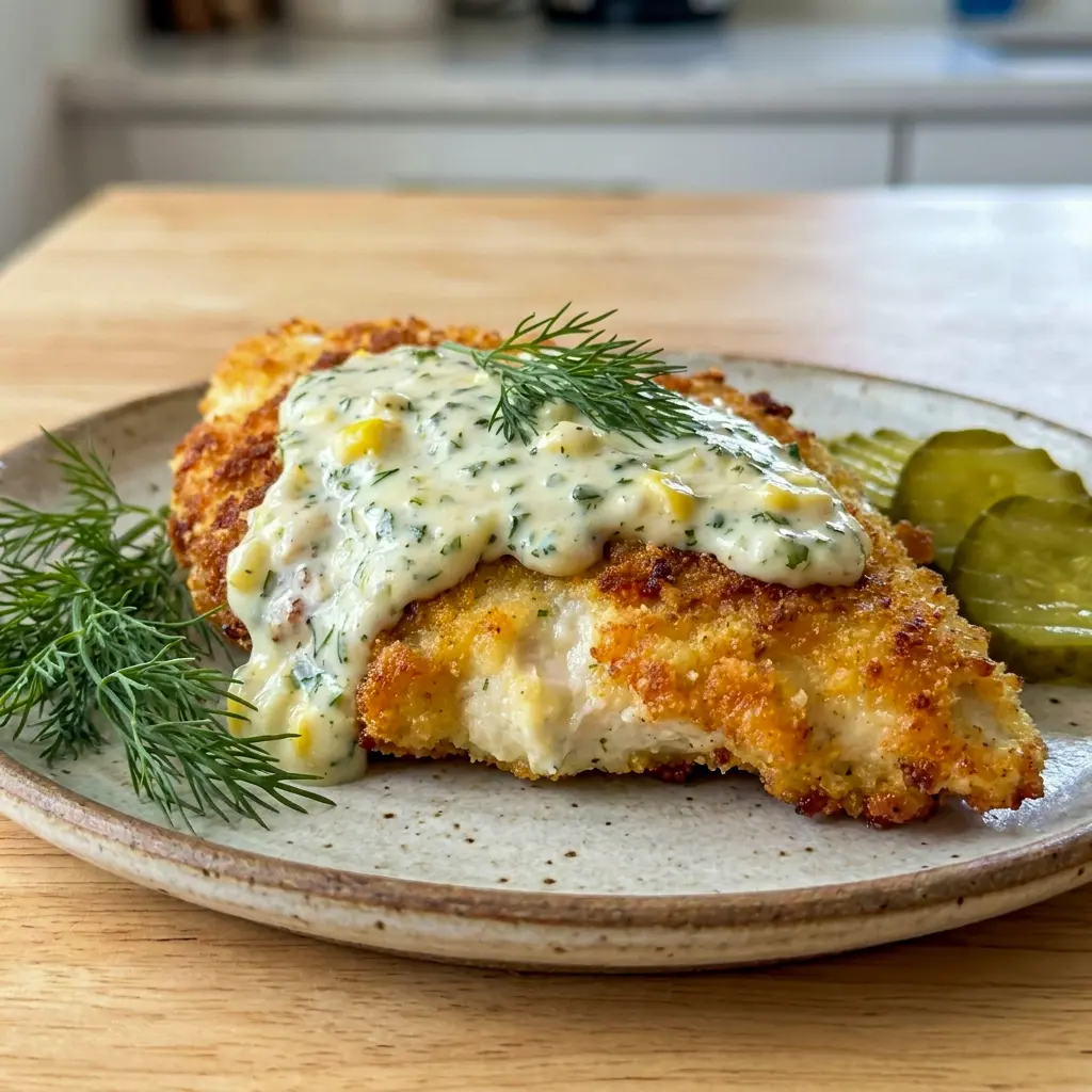 This close-up of Crispy Dill Pickle Parmesan Chicken is a true Dinner That Will Impress with golden, crunchy topping and bold flavor.