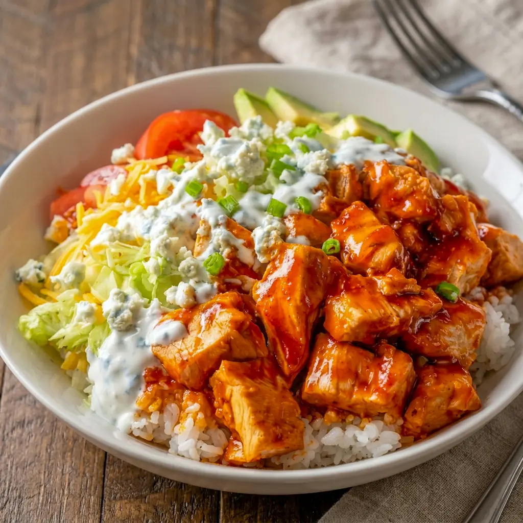 Buffalo Chicken Bowls topped with fresh tomatoes and cheddar, a flavorful pick for Recipes That Use Chicken and busy weeknights.