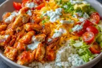 Buffalo Chicken Bowls with rice, lettuce, and creamy dressing, styled as one of the easiest Good Winter Dinner Ideas for a cozy meal.
